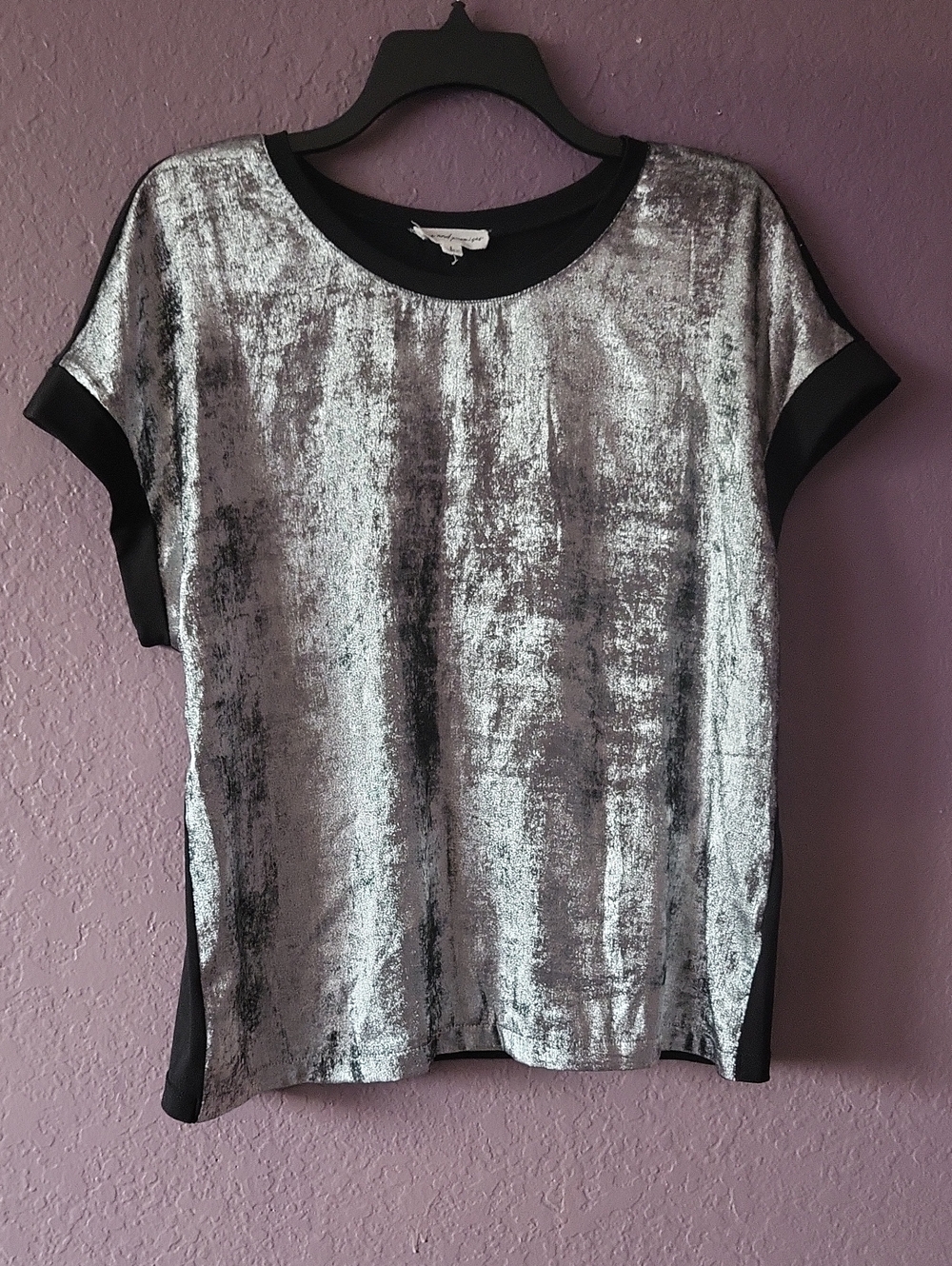 Metallic Silver Short Sleeve Top with Black Trim